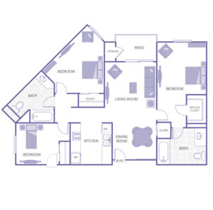 3 bed 2 bath floor plan, kitchen, dining room, living room, patio and storage, 1 walk-in closet, 3 closets